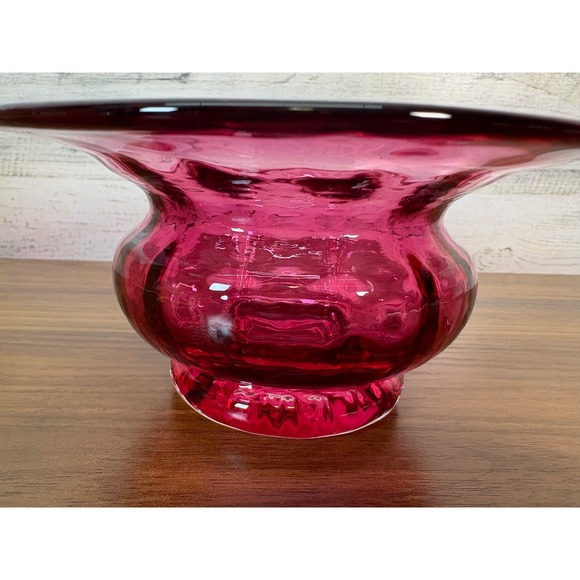 Rossi Glass Cranberry Glass Relish Bowl Etched SIGNED shallow wide-mouthed - Picture 2 of 9